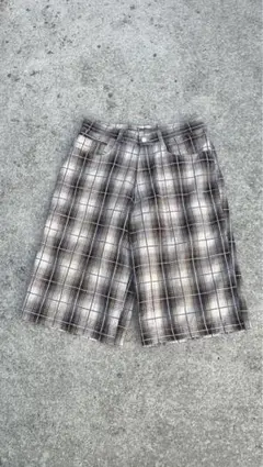 90s リネン ツータック オンブレ チェック ショーツ ハーフパンツ