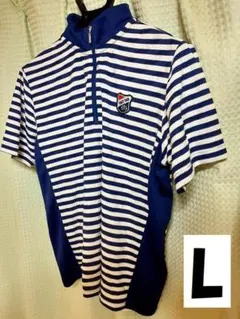 PGAツアー ゴルフポロシャツL 白×ネイビー ボーダー柄♪伸縮性＆胸元チャック