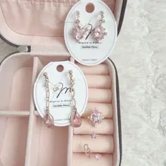 ピンク系 ビジュー アクセサリー5点セット ノンホールピアス イヤリング 指輪