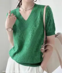 新品未使用✨V. for. Vネック半袖ニット Mサイズ、グリーン