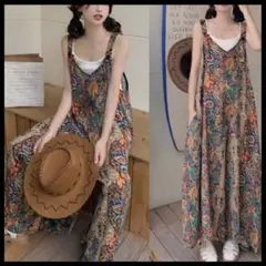 総柄　ペイズリー　オールインワン　サロペット　フレアパンツ　マキシ丈　体型カバー