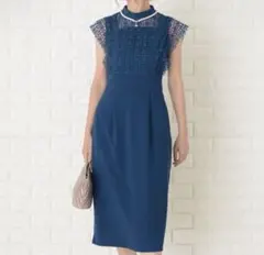 ネイビーグリーン　レース袖 タイトドレス