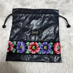 FEILER 花柄刺繍 巾着ポーチ 黒