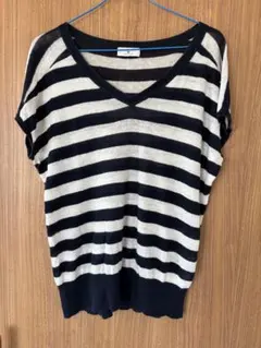 ROPÉ PICNIC フレンチリネン 半袖トップス 紺×白ストライプ　38