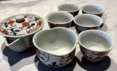 九谷焼　洋山　赤絵　煎茶器揃　宝瓶　湯冷まし　湯呑５客