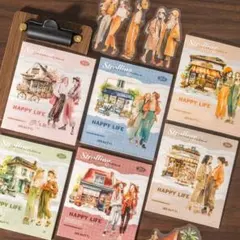 【同梱価格800円】　四季の街並みと女の子PETシール　6種セット