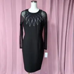 キャバドレス/黒長袖パーティードレス ブラック長袖ひざ丈ワンピース/シースルーL