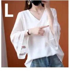 袖レース　Vネック　ブラウス　シャツ　ホワイト　白色　レディース　レース　韓国風