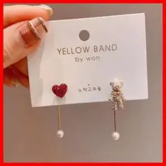 アシンメトリー ハート×くま ビジュー パール ピアス ゴールド 2.5cm