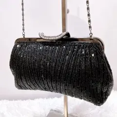 【美品】ヴィンテージ　ビーズ　パーティバッグ チェーン ブラック がま口