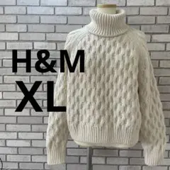 H&M タートルネック ニットセーター　ケーブル編み　クロップド丈　白　XL