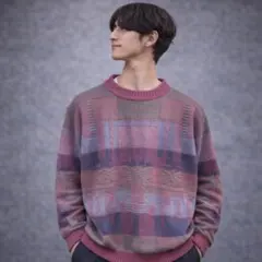 総柄ジャガードニット XL レトロ柄 立体編み 古着じ