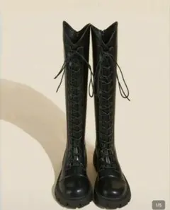 レースアップ厚底ロングブーツ ブラック