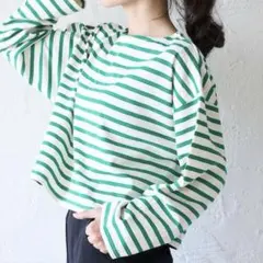 ボーダー プルオーバーカットソー グリーン