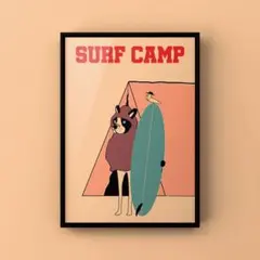 ★A4フレーム付き★オリジナル アートポスター SURF CAMP キャンプ 犬