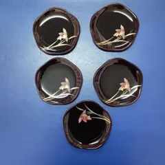 会津漆塗 銘々皿 溜塗 彩蘭花 5枚セット