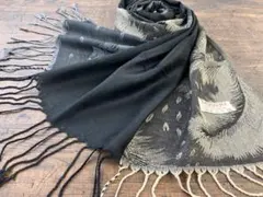 パシュミナ 羽根 フェザー柄 グラデーション 大判 ストール ブラック系