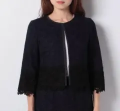 【匿名配送・ANAYI】ネイビーxブラックレースノーカラージャケット36サイズのサムネイル