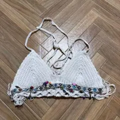 Thai Buy 크로셰 비키니 탑 홀터넥 프린지 비즈 화이트