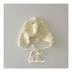 KIDS 花模様 ベビー帽子 クリーム色 かぎ編み キッズ 白 ニット