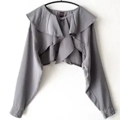【リメイク古着】ブラウス・シャツ・長袖・短丈・フリル・ガーリー・グレー