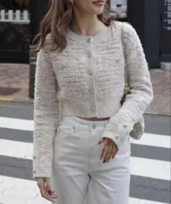 rienda ツイードニットカーディガン ベージュ