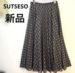 新品SUTSESO黒、ベージュのチェック柄プリーツスカート