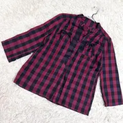 SOJERA✨良品　ノーカラーシャツ　胸元リボン　チェック柄　七分袖 （M）