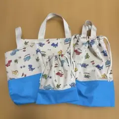 ハンドメイド　入園入学4点セット 恐竜柄　生成り×ブルー　男の子