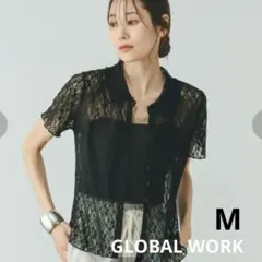 GLOBAL WORK ストレッチ総レース襟プルオーバー シアー ブラック Mのサムネイル