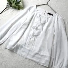 リフレクト　フリルブラウス　長袖　シアー　クルーネック　レース　シフォン　M