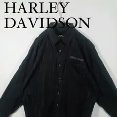 HARLEY DAVIDSON ブラックシャツ ストライプ 刺繍ロゴ　M