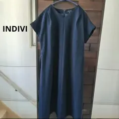 INDIVI Vネック ワンピース ネイビー ウエストリボン ウォッシャブルのサムネイル
