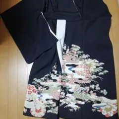 アンティーク着物　裏が赤い黒留め袖　日本刺繍　リメイク材料などに