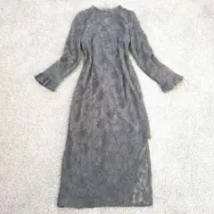 Vintage ロングワンピース M レース グレー 花柄 タイト レトロ