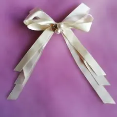 アイボリー リボン バレッタ パール装飾