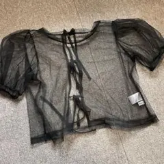 シースルー黒クロップドトップ 半袖 リボン付き