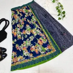 【美品✨】Alluge アルージュ 花柄フレアロングスカート ネイビーのサムネイル