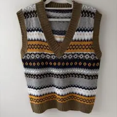 幾何学模様 ニットベスト Mサイズ