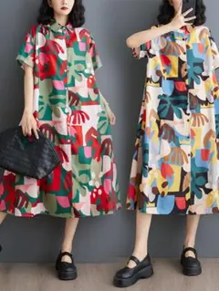 新品◎大人気 体型をカバー 韓国系 ゆったり プリント ロング シャツワンピース