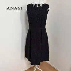 【美品】ANAYI ジャガード ノースリーブ ワンピース サイズ38 濃紺のサムネイル