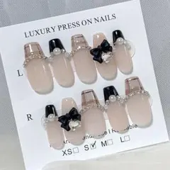 韓国ガーリー ネイルチップ リボン ハートビジュー チェック フレンチ 量産型