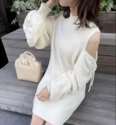 NICE CLAUP あざとフェザーミニニットワンピース　アイボリー