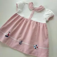 美品★90cm familiar 白×ピンクストライプ 半袖ワンピース