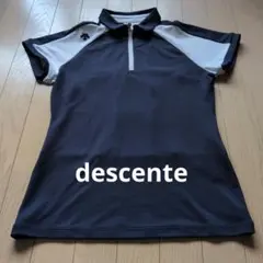 DESCENTE ハーフジップ 半袖シャツ ネイビー×ホワイト バックロゴのサムネイル