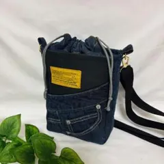 ショルダーバッグ　大人カジュアル　デニムリメイク　ハンドメイド　黒レザー　上品