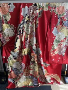 着物 振袖フルセット 振袖 宮崎紅型 赤×黒地 落款有 成人式 卒業式