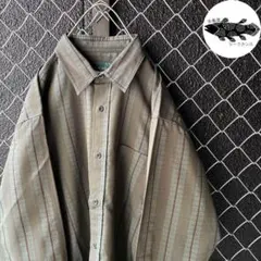 人気デザインストライプ 長袖ポリシャツ カーキ グリーン系 L〜XL 太アーム