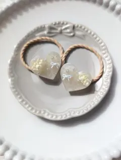 【フリル/シャンパンイエロー/リボン/パール】ハートキッズヘアゴム