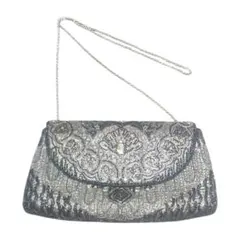 シルバーブラック刺繍クラッチバッグ　きもの　和服　洋装　おしゃれ